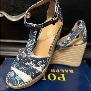 Ralph Lauren Blue Floral Wedge Sandals